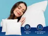 A woman sleeping peacefully on a pillow, with two pillows in the foreground and marketing icons and text. Produktbild-Vorschau