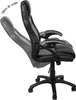 A black and gray office chair shown from the side, with an arrow indicating the reclining function. Produktbild-Vorschau