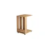 A wooden side table with a C-shaped design and wheels, shown against a white background. Produktbild-Vorschau