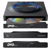 Three views of an external DVD/Blu-ray drive, one with a disc inserted and the tray extended, and two with the tray retracted. Produktbild-Vorschau