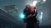 A soldier in a futuristic suit aims a weapon in a sci-fi urban environment. Produktbild-Vorschau
