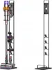 A vacuum cleaner and its accessories are displayed on a stand. Voir les images du produit