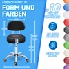A marketing image showing a black rolling stool with dimensions and feature callouts, alongside a color palette of available stool colors. Produktbild-Vorschau