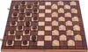 A wooden checkers board with pieces set up for a game. Voir les images du produit