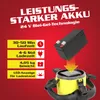 A battery pack is shown being inserted into a yellow device, with text describing the battery's features. Produktbild-Vorschau