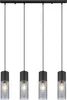 A product shot of a black pendant light with four glass shades. Produktbild-Vorschau