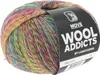 A ball of multicolored yarn with a product label. Produktbild-Vorschau
