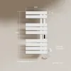 A white electric towel warmer mounted on a light beige wall, with dimensions and specifications indicated by text and lines. Produktbild-Vorschau