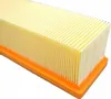 A close-up, angled view of a yellow pleated air filter with an orange plastic frame, set against a white background. Produktbild-Vorschau