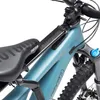 Close-up of a blue bicycle frame with a black child seat attached. Produktbild-Vorschau