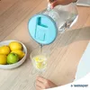 A person is pouring water from a pitcher into a glass with lemon slices. A bowl of lemons and a green fruit are on the side. Náhled obrázku produktu