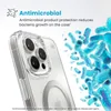 A close-up of a clear phone case with a silver ring, surrounded by illustrations of bacteria. Produktbild-Vorschau