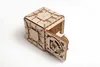 A wooden 3D puzzle safe with its door open, showing the intricate locking mechanism. Produktbild-Vorschau