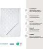 A white quilted blanket is shown next to a list of its features and certifications. Produktbild-Vorschau