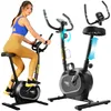 A woman is shown using an exercise bike, with close-ups of the bike's features. Produktbild-Vorschau