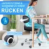 A woman is sitting at a desk using a computer, with a chair that has features highlighted by text overlays. Produktbild-Vorschau