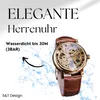 A watch with a leather strap is shown with water splashes around it, indicating water resistance. Text describes the product and its features. Produktbild-Vorschau