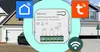 A collage showing a smart garage door module with logos for Google Home and Tuya, and images of houses with garage doors. Voir les images du produit