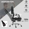 A man is seen in the background with his arm raised in celebration, while the foreground shows a black office chair in a reclined position. The image also includes text and icons explaining the chair's features. Produktbild-Vorschau