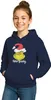A young girl wearing a navy blue hoodie with a Grinch graphic on it. Produktbild-Vorschau