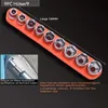 A set of nine socket wrenches on an orange holder, with a close-up inset image of a socket wrench being used. Produktbild-Vorschau