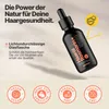 A bottle of hair oil with text and icons highlighting its features and benefits. Produktbild-Vorschau