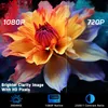 A split image showing a flower with text overlays comparing 1080P and 720P resolutions, and highlighting features like brightness, clarity, native resolution, and contrast ratio. Produktbild-Vorschau