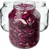 Three glass jars, one filled with chopped red cabbage, are arranged on a white background. Podgląd zdjęcia produktu