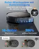 A robotic vacuum cleaner with a mopping system is shown cleaning a floor, with text highlighting its features. Produktbild-Vorschau
