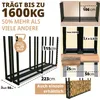 Collage of images showing a metal firewood rack with dimensions and features highlighted, and a rack filled with firewood. Náhľad obrázku produktu