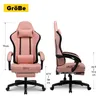This image shows a pink gaming chair from two different angles, with dimensions indicated by lines and text. Produktbild-Vorschau