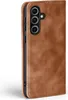 A close-up view of a brown leather flip case for a smartphone, showing the camera cutout and side buttons. Produktbild-Vorschau