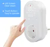 A hand is shown touching the screen of a digital thermostat plug. Text overlays describe features. Náhled obrázku produktu