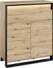 A product shot of a kommode with two doors and two drawers, featuring a wood grain finish and black metal frame. Produktbild-Vorschau