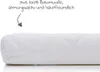 A close-up of a white mattress with quilted stitching, with text describing its features. Produktbild-Vorschau