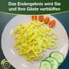 A plate of yellow pasta with cherry tomatoes and cucumber slices. Produktbild-Vorschau