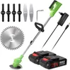 A collection of items for a cordless electric lawnmower, including the mower itself, batteries, charger, and various cutting attachments, laid out on a white background. Podgląd zdjęcia produktu