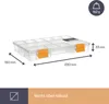 A clear, well-lit image of a transparent storage box with orange clasps, showcasing its dimensions and weight. Voir les images du produit