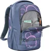 A blue backpack with a purple bubble pattern is shown open, revealing its interior. Produktbild-Vorschau