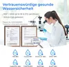A scientist is examining a sample under a microscope, with certifications and water quality icons displayed. Voir les images du produit