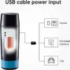 Diagram showing how a portable electric espresso machine can be powered via USB from a home outlet, a portable battery, or a car. Náhled obrázku produktu