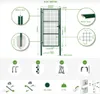 A technical diagram and component breakdown of a green metal garden gate. Produktbild-Vorschau