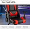 A close-up view of a black and red gaming chair with text overlays describing its features. Produktbild-Vorschau