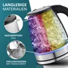 A glass electric kettle with colorful LED lighting inside, showcasing its features with callout images and text. Produktbild-Vorschau
