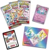 A collection of Pokemon trading card game booster packs, a single card, and a playmat, arranged on a white background. Produktbild-Vorschau