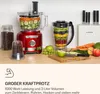 A kitchen counter with a red food processor, a blender filled with fruit, a jar of coffee beans, and fresh produce. Produktbild-Vorschau