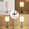 A collage of images showing a touch-dimmable LED table lamp at different brightness levels, with a close-up of the touch control mechanism. Produktbild-Vorschau