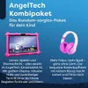 A pink tablet and pink headphones are displayed against a blue background with white star-like patterns. Produktbild-Vorschau
