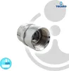 A close-up studio shot of a metal plumbing fitting against a white and light gray background with brand logos and graphics. Produktbild-Vorschau