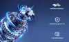 A close-up, stylized illustration of a mechanical component, possibly a motor or turbine, with glowing blue energy effects. To the right, there are three icons with accompanying German text describing features. Produktbild-Vorschau